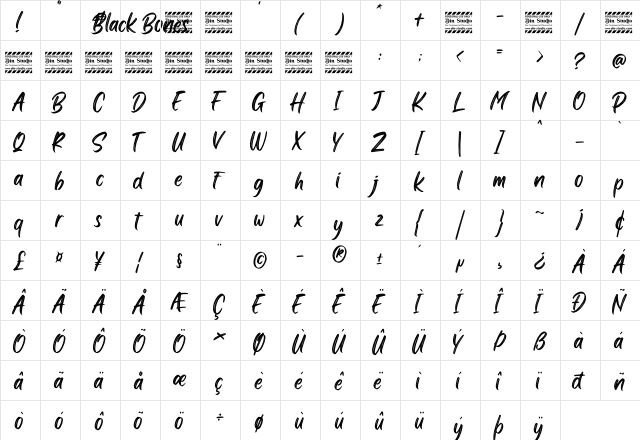 Black Bones Personal Use Regular  glyph index