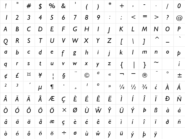 NRB Welsh Gillian Italic  glyph index