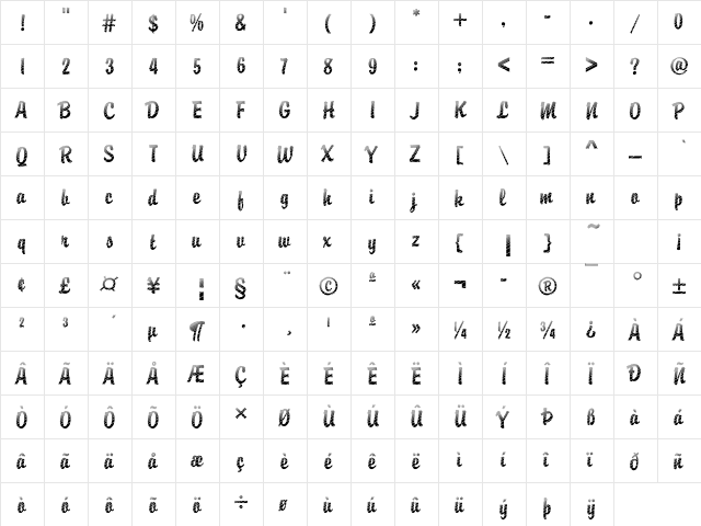 DTCBrodyM20 Regular  glyph index