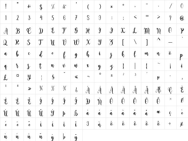 Sambilan Regular  glyph index