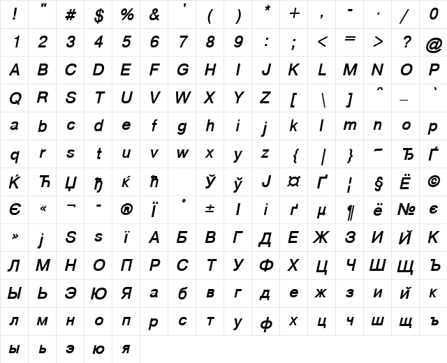 ArtsansLightC BoldItalic  glyph index