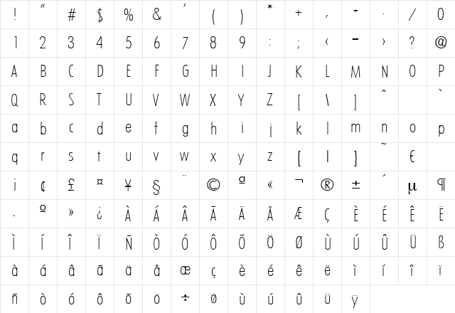 Limerick-XlightCond Regular  glyph index