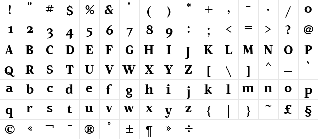 Artemius SN TT Bold  glyph index