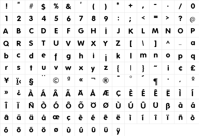 Folks Bold  glyph index