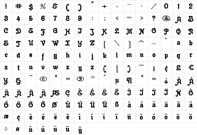 Cacao Fat Regular  glyph index