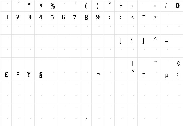 SilveradoBoldCondensedTab Roman  glyph index