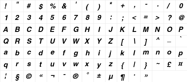 HeliosC Bold Italic  glyph index