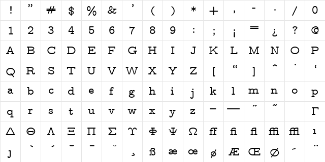 cmvtt10 Regular  glyph index