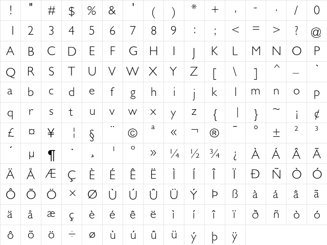 Gill Sans Light  glyph index