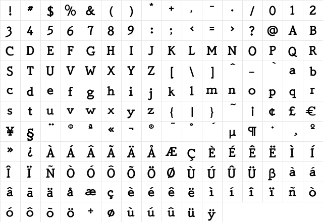 QuickType Bold  glyph index
