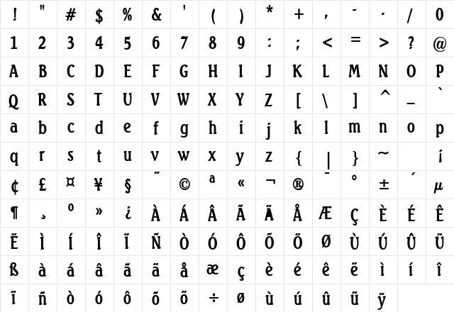 Beach Condensed Bold  glyph index