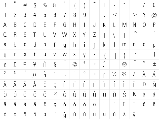 Zurich Eo Light  glyph index
