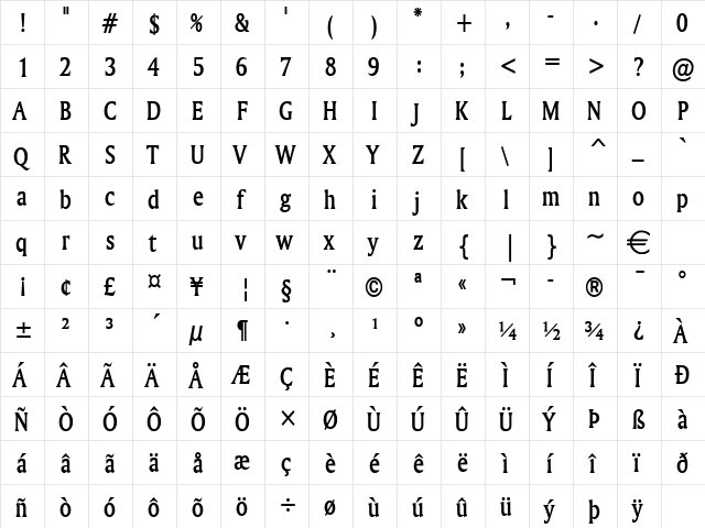 AmerettoCondensed Bold  glyph index