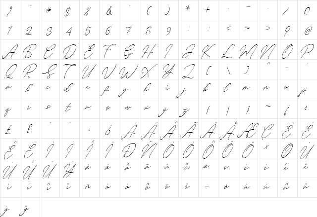 August Script Bold free Regular  glyph index