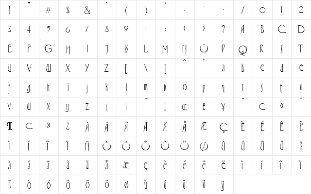VirginRoman Regular  glyph index