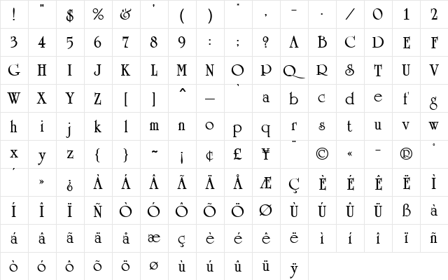 Celtic MN Bold  glyph index