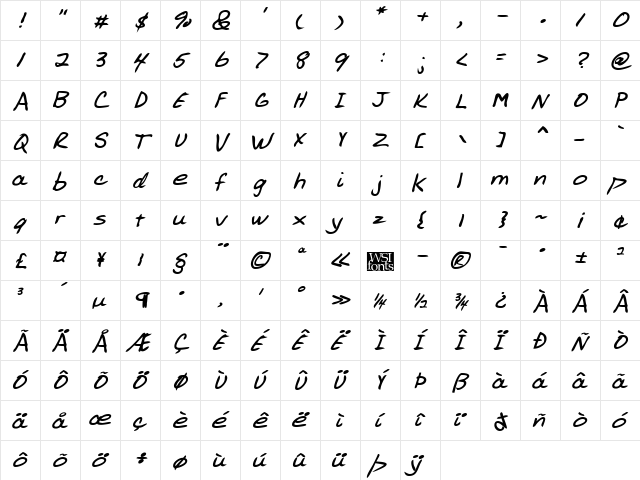 AllensHand Regular  glyph index