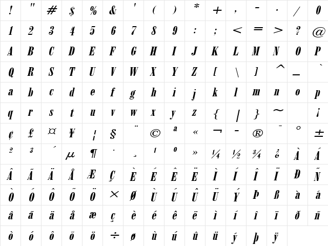 June 15 Wide Italic  glyph index