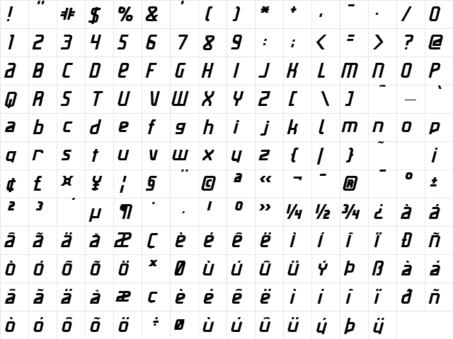 Maassslicer Regular  glyph index