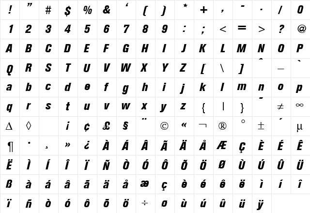 AkzentCondExtrabold RegularItalic  glyph index