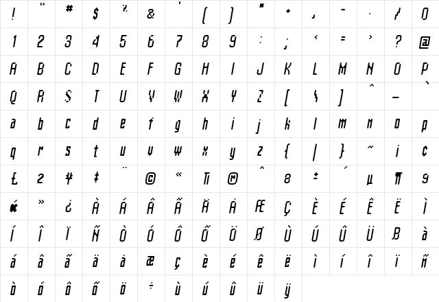 Matica NormalOblique  glyph index