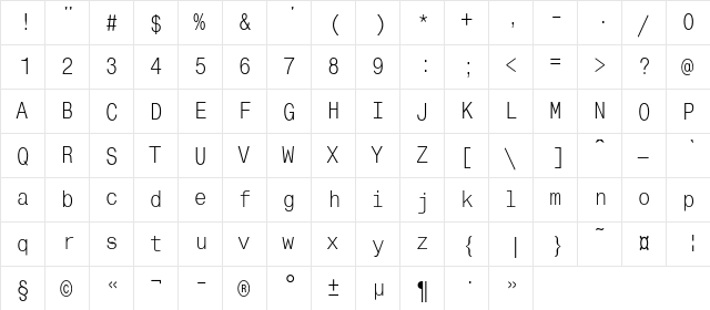 MonoCondensedC Regular  glyph index