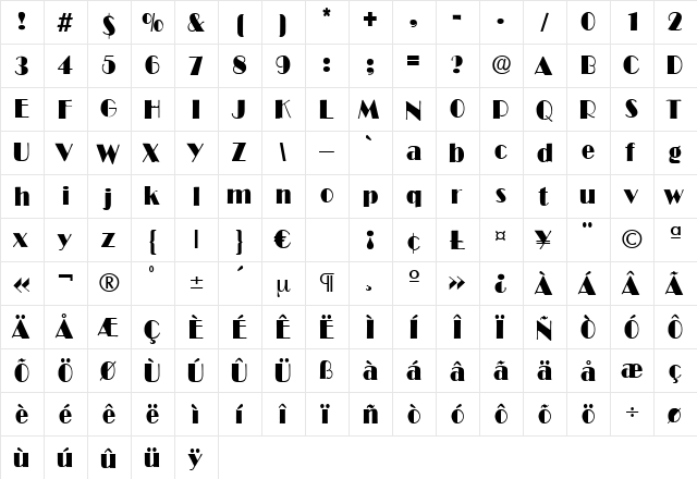 BroadwayCondensed Regular  glyph index