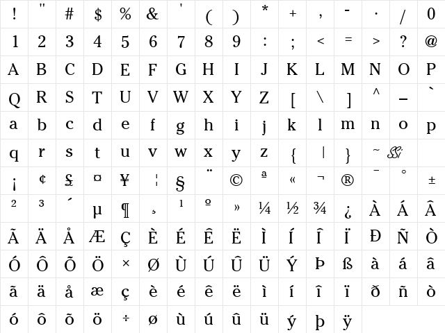 Cheltenham SSi Regular  glyph index