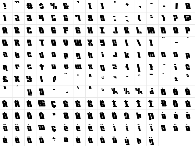 Mobile Infantry Leftalic Italic  glyph index