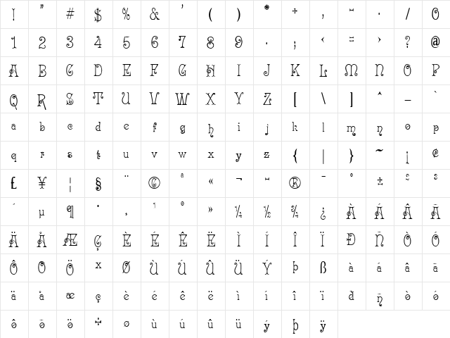 Acadian Regular  glyph index