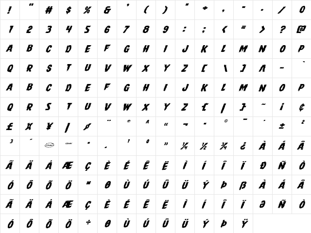 Dire Wolf Expanded Italic Expanded Italic  glyph index