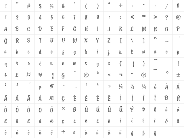 DTCBrodyM03 Regular  glyph index