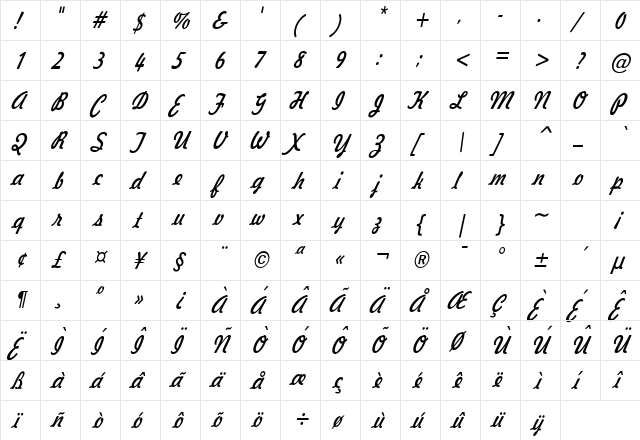 Jott 44 Condensed Italic  glyph index