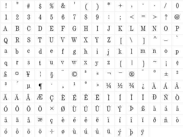 ITCCentury-CondensedLight Light  glyph index