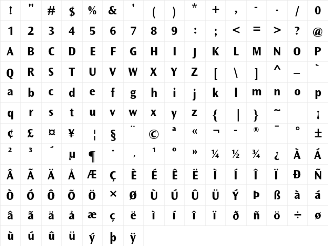 Ocean Sans MT Pro Bold  glyph index