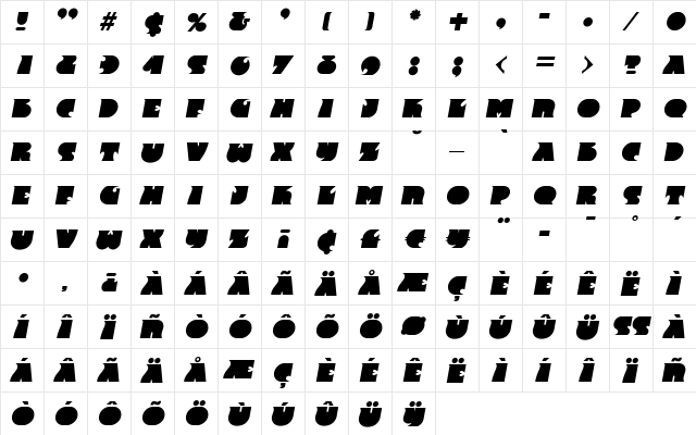AngelaBecker Bold Italic  glyph index