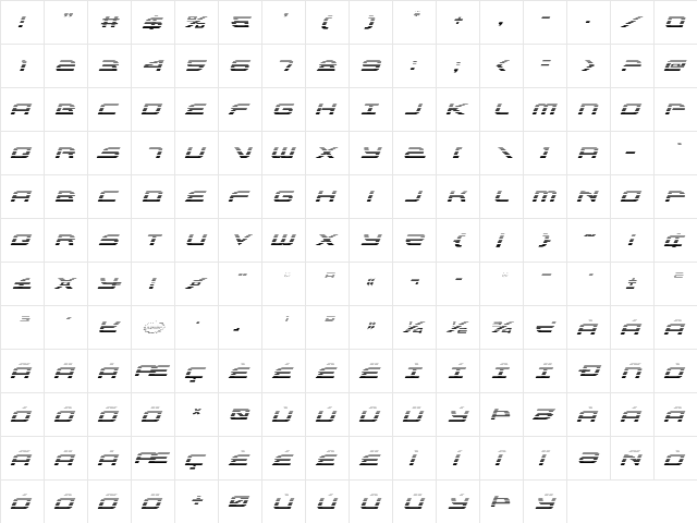 Alexis Gradient Italic Italic  glyph index