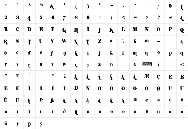 Shifty Chica 2 Regular  glyph index