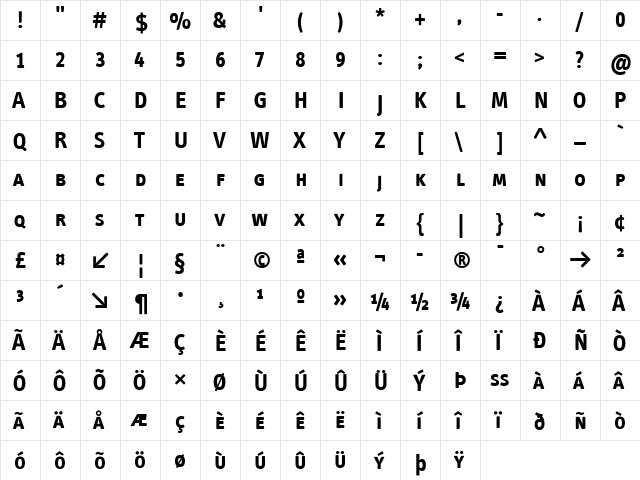 InfoText Bold  glyph index