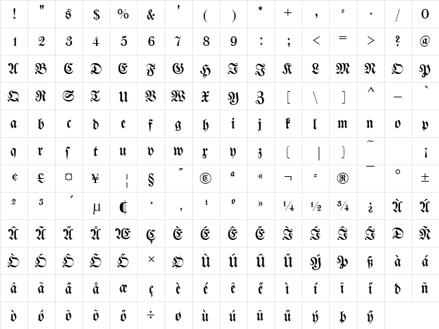 WalbaumFraT Regular  glyph index