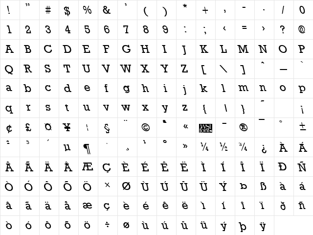 RockneyLefty Regular  glyph index
