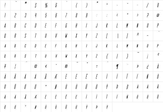 SF Movie Poster Oblique  glyph index