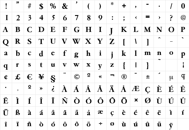 GarfeldSerial Bold  glyph index