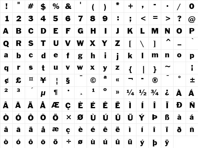 FrankGoth BT Roman  glyph index