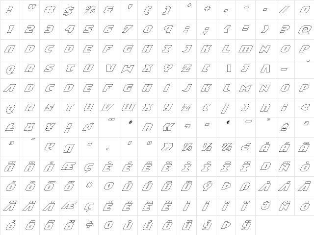 Ninja Garden Outline Italic Outline Italic  glyph index