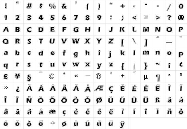 Eras Contour  glyph index