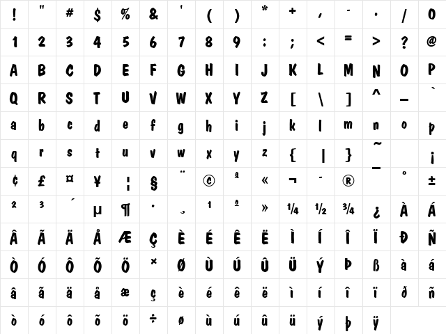 DomCasual Becker Bold  glyph index