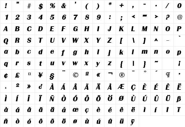 Grenoble Heavy SF Bold Italic  glyph index