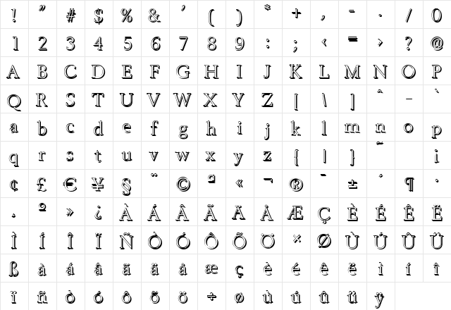 BrandonBeckerShadow-Light Regular  glyph index