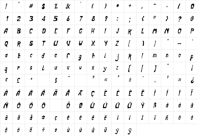 BodyShopCondensed Oblique  glyph index